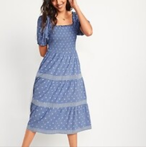 Old Navy Dresses & Skirts - Old Navy Blue Puffed Sleeves, Embroidered, Fit & Flare Midi Dress Small Size.